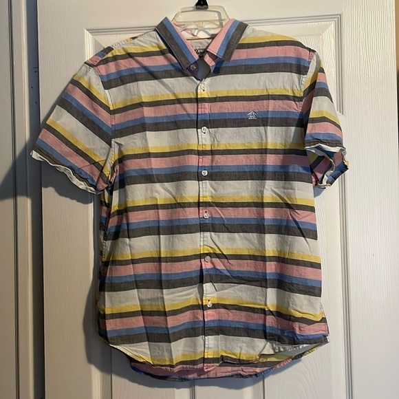 Original Penguin mens white and pink striped button down shirt size large - Picture 1 of 9